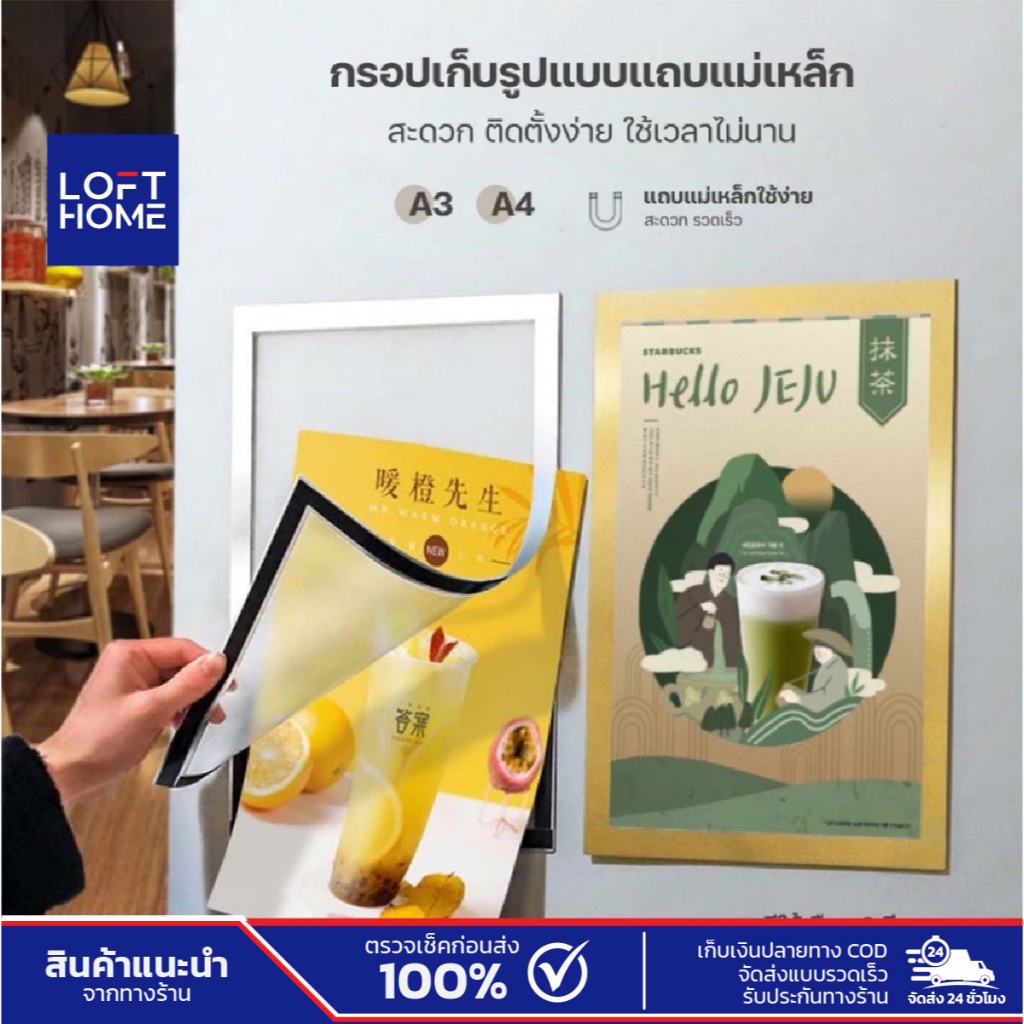 กรอบรูปติดผนัง ป้ายพลาสติกติดผนัง PVC แบบใส มีแถบแม่เหล็ก ขนาด A3,A4 ติดตั้งง่าย