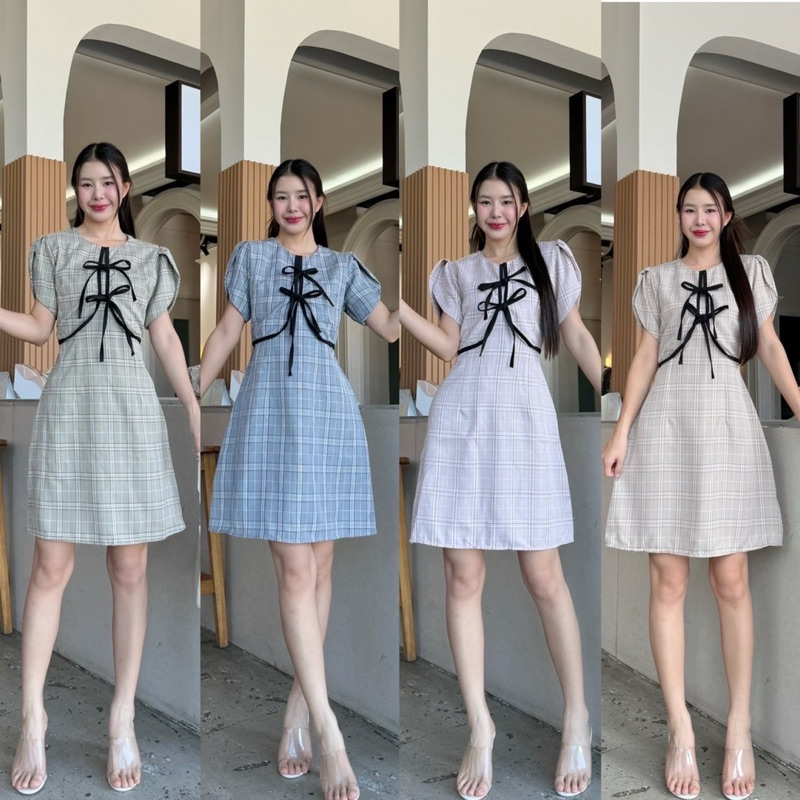 c105ชุดเดรสแขนบัวแต่งครอปกุ๊นขอบผูกโบว์