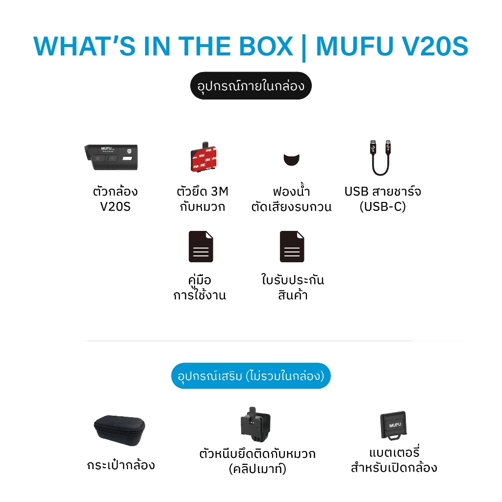 MUFU V20S กล้องติดหมวกกันน็อค 1080P FHDใช้งานต่อเนื่อง7.5ชั่วโมง กล้องหน้า-หลัง กันน้ำ ประกันสินค้า1ปี thumbnail 4