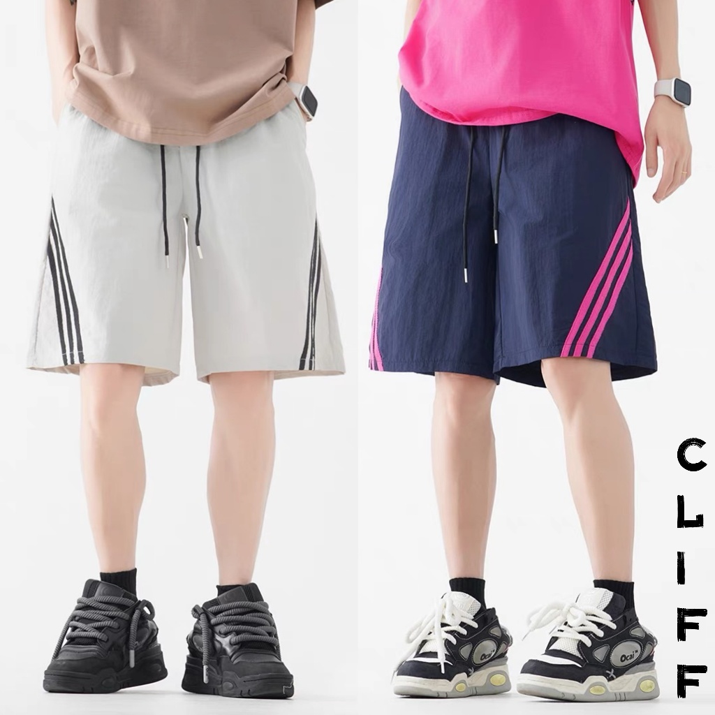CLIFF กางเกงขาสั้นผู้ชาย แบบหลวม ลำลอง แมทช์ลุคง่าย เชือกรูด สีผสม ลายทาง เรียบง่าย