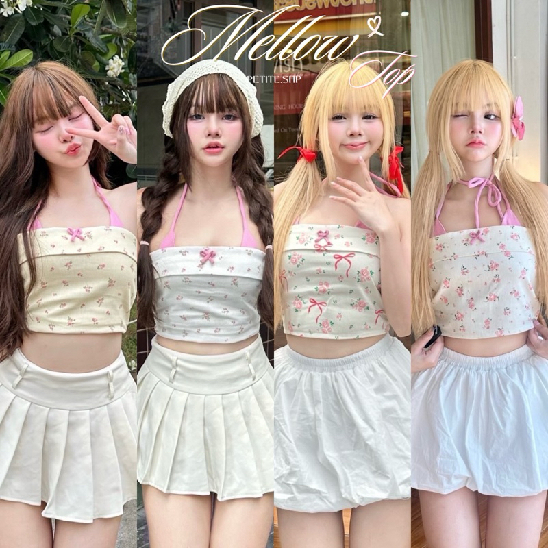 Petite♡︎ Mellow top เสื้อเกาะอกคล้องคอ แต่งโบว์จิ๋ว ผ้าพิมพ์ลายน่ารัก