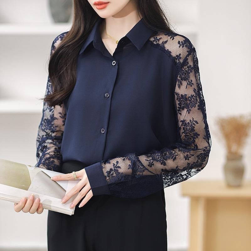 C21เสื้อเชิ้ตแขนยายสีกรมแขนลูกไม้
