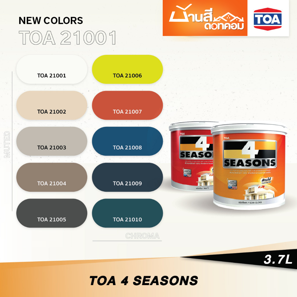 TOA 4 Seasons สีทาบ้าน 21001 ภายนอกและภายใน 3.7 ลิตร (1 แกลอน) ชนิดด้าน กึ่งเงา สีทาภายนอก สีทาภายใน