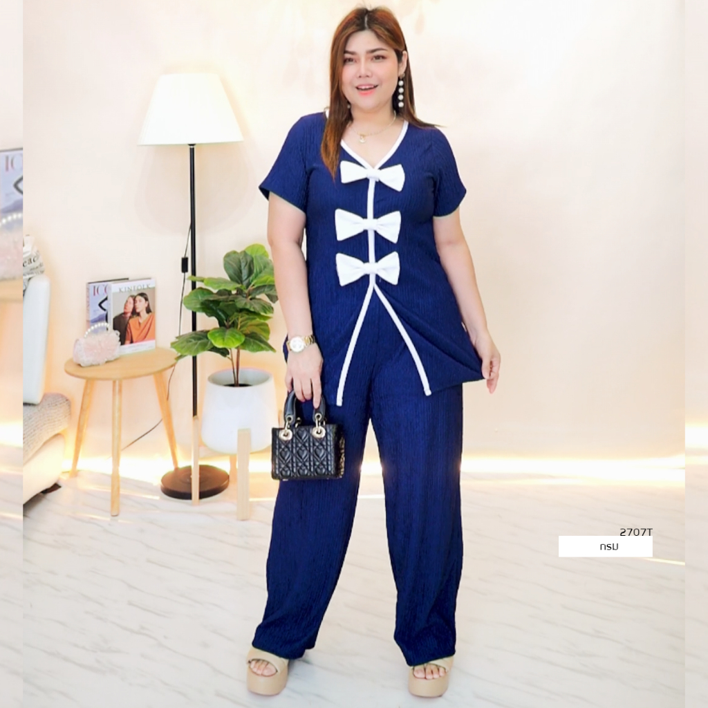 ชุดเซ็ทเสื้อผ้าท๊อฟฟี่ผ่าหน้าเเต่งโบว์+กางเกงขายาว 2707T