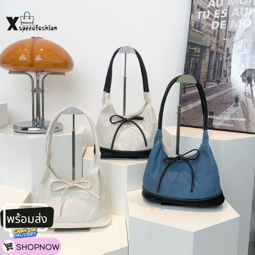 xspeedfashion(X2177) กระเป๋าถือสะพายไหล่ เป็นผ้าฝ้ายด้านหน้าตกแต่งโบว์น่ารัก