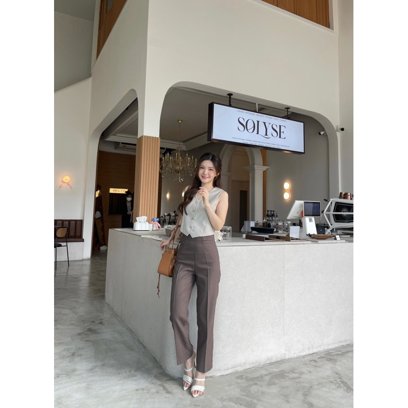 Acasey กางเกงขายาวผู้หญิง 8ส่วน กระบอกเล็ก ผ้าสลาฟ ดีเทลกระเป๋าเจาะหน้า Moolan Pants - รูปที่ 6