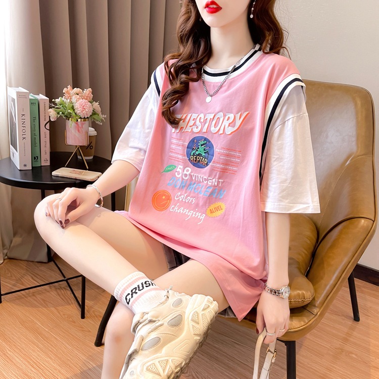 เสื้อแขนสั้นสาวอวบ Oversize (อก 48 นิ้ว) สกีลลาย แขนต่อผ้าชิ้นเดียว ผ้าคอตตอล สินค้าพร้อมส่ง A04