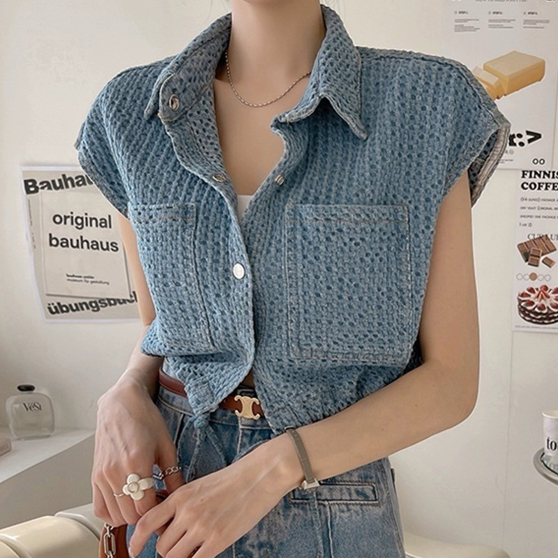jean crop top -เสื้อยีนส์คอปกเอวรูด มีเทรคเจอร์ คัดเนื้อผ้ามาแล้ว ใส่สวยจอยๆ