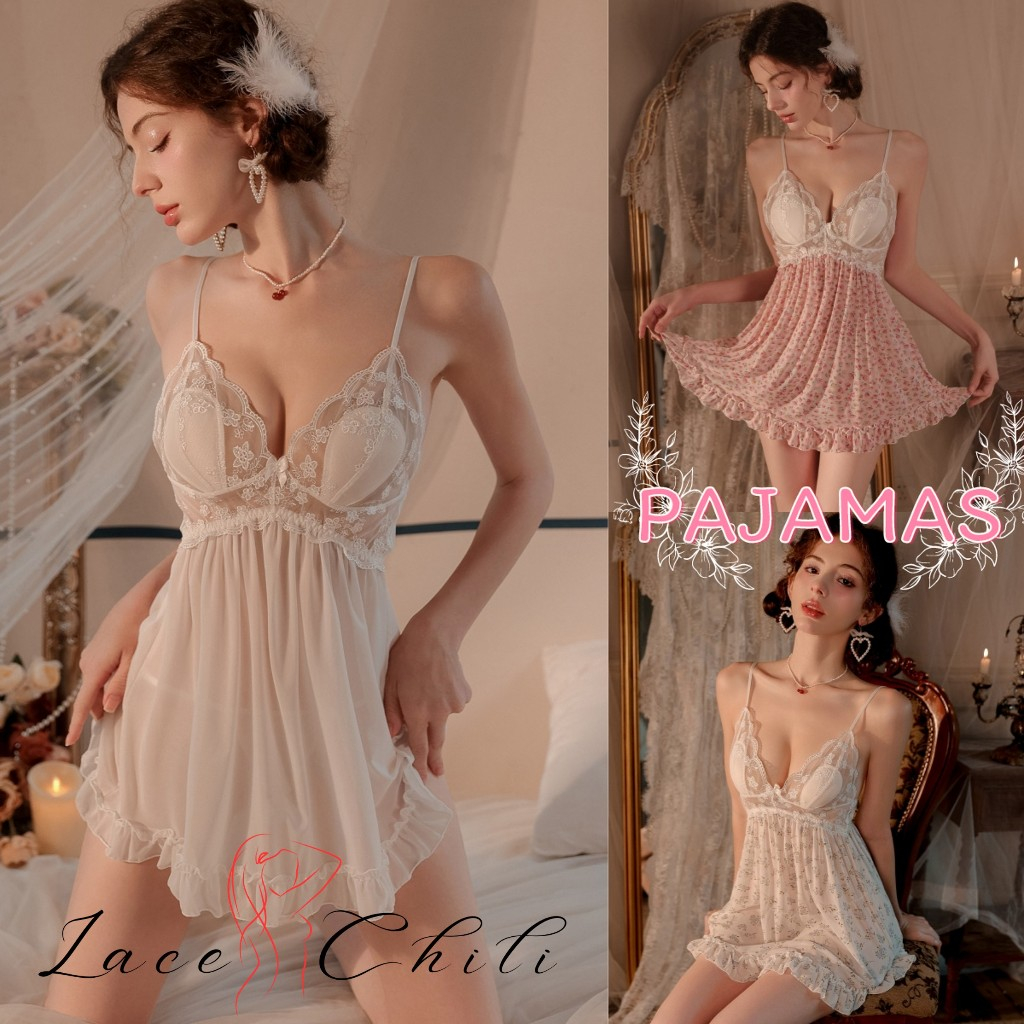 LACE CHILLI ชุดนอนเดรส ชุดเดรสสายเดี่ยว ชุดเดรสลายดอกไม้ 🦘 สวมสบาย มีฟองน้ำในตัว L-1264
