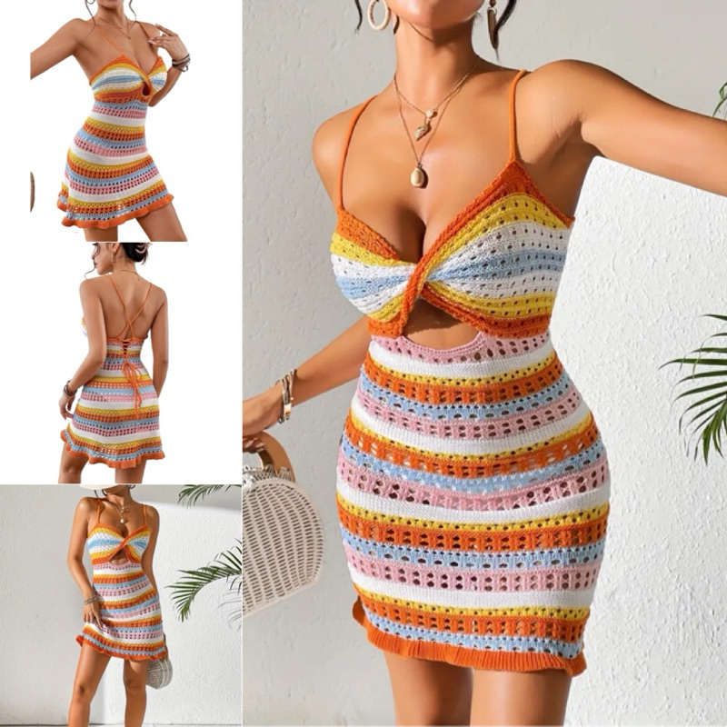 เดรสสายเดี่ยวถักหลังถักโครเช ขนมชั้น Clothing Dress