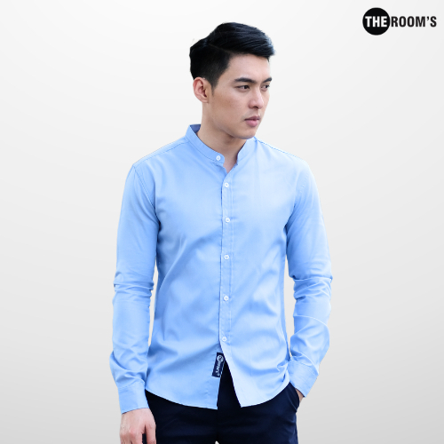 THE ROOM'S - เดอะรูม เสื้อเชิ้ต คอจีน สีฟ้า Oxford แขนยาว รีดง่าย ใส่สบาย — صورة 2
