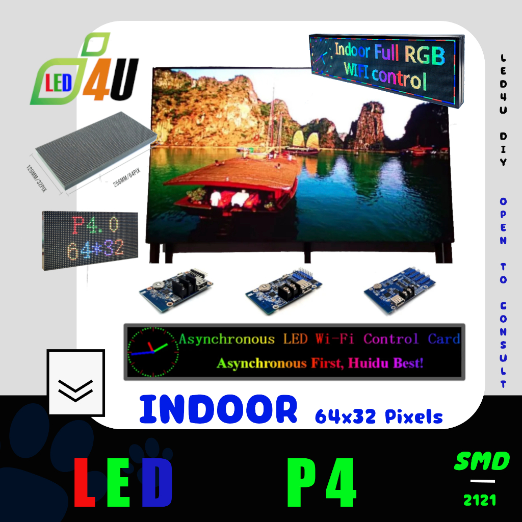 LED P4 RGB ขนาด 25.6 x 12.8 ซม, 64x32 พิกเซล SMD2121 ป้ายไฟวิ่ง ป้ายเชียร์ ป้ายแสดงราคา ป้ายไฟสีเต็ม สำหรับใช้ภายในอาคาร