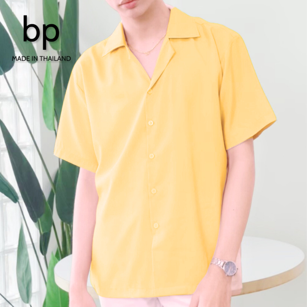 bp เสื้อเชิ้ตแขนสั้น คอปก ผู้ชาย ผ้าไหมอิตาลี สไตล์ KOREA มินิมอล สีเหลือง - รูปที่ 2