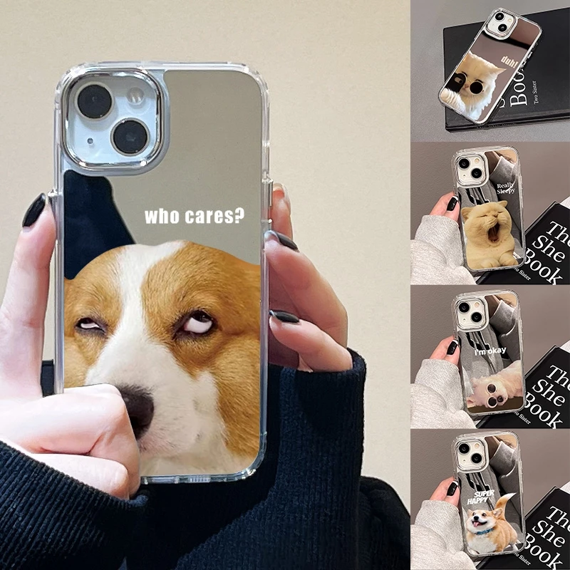 เคสโทรศัพท์มือถือแบบกระจกFor IPhone 11 13 Pro Max 17 14 Case ไอโฟน15 16 12เคสไอโฟนลายสุนัข/แมวกรณีโทรศัพท์มือถือชุบกระจก