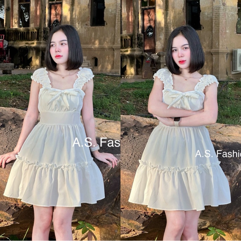 ♦️DOODEE2♦️เดรสแขนระบาย ผูกโบว์ตรงอก แต่งเข้าเอวสวยมาก
