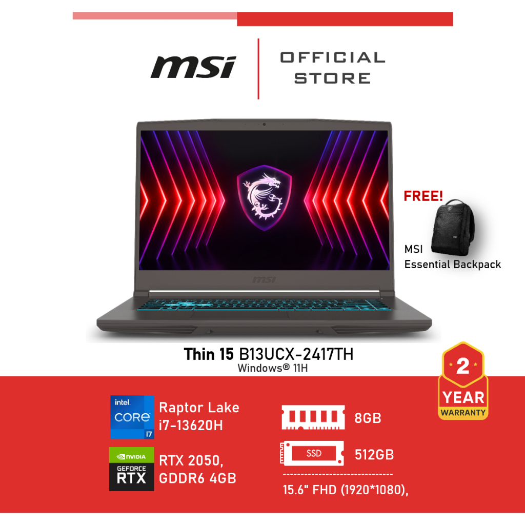 MSI Thin 15 B13UCX-2417TH (15.6", RTX 2050, i7, Memory 8GB) Laptop  Notebook
