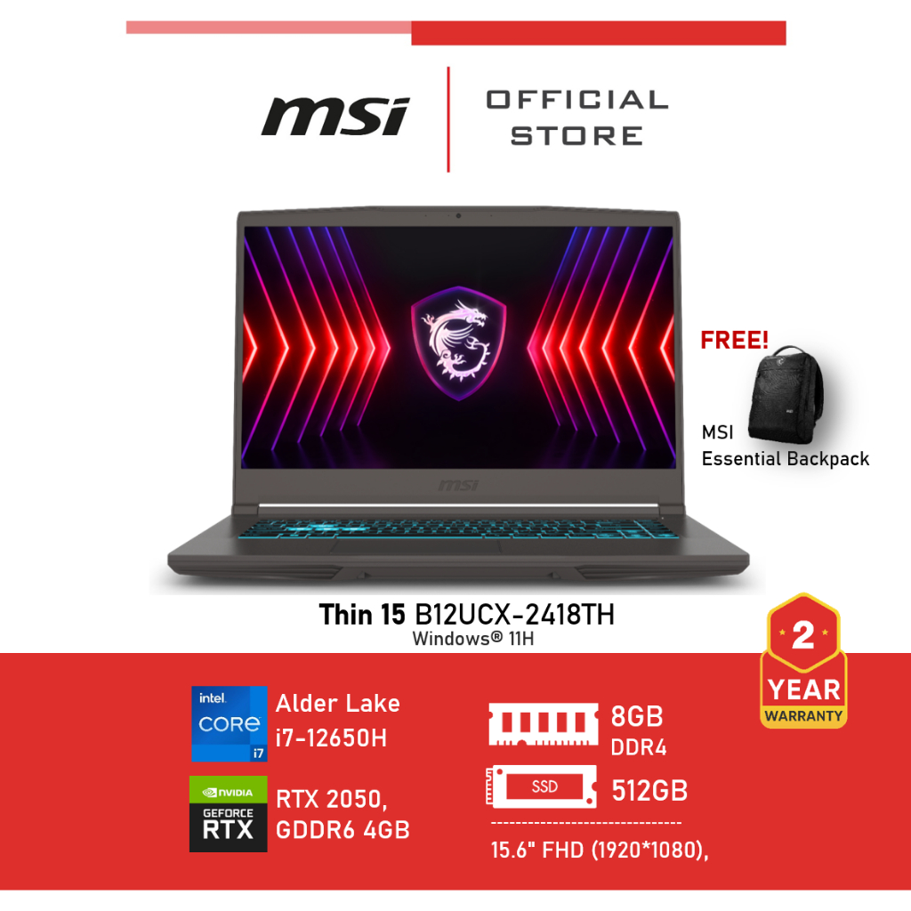 MSI Thin 15 B12UCX-2418TH (15.6" ,RTX 2050, Memory 8GB, i7) Notebook, Laptop