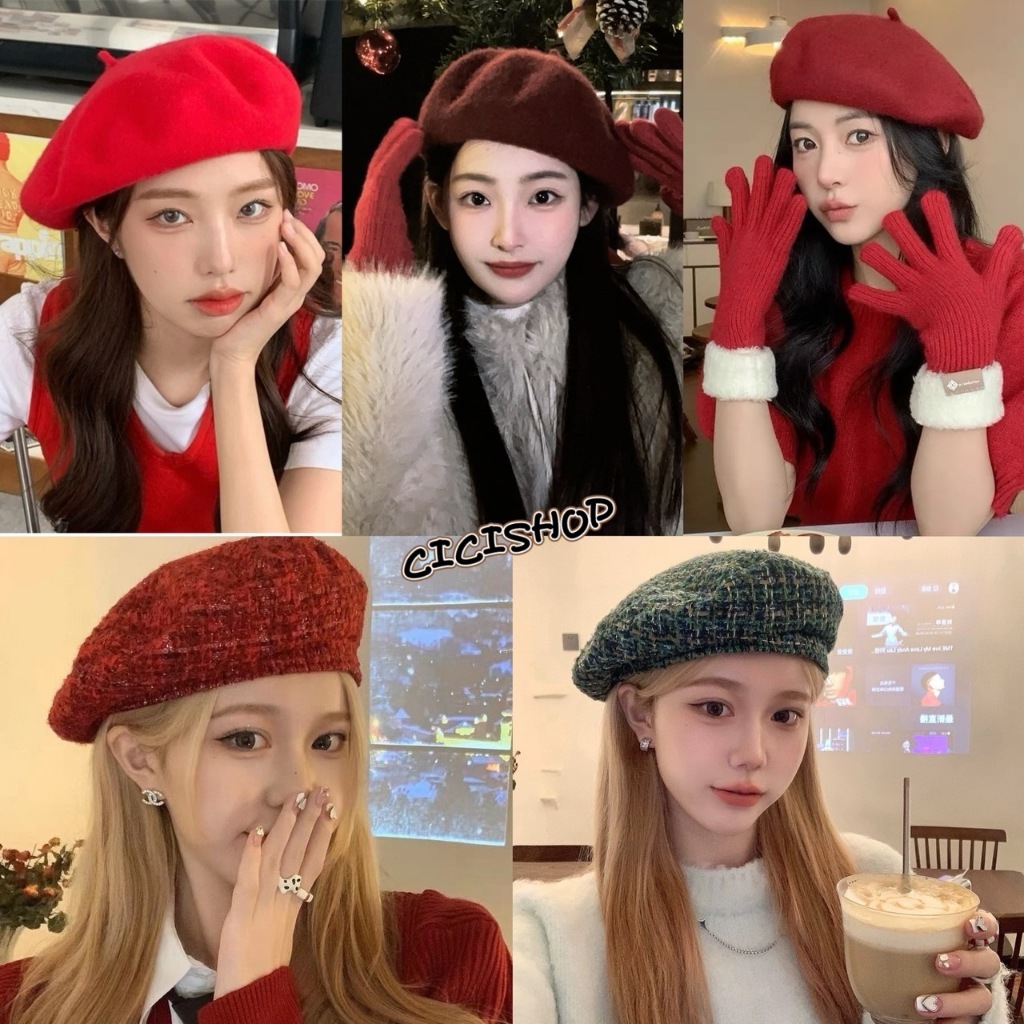 Cicishop(C13)หมวกเบเร่ต์ วินเทจย้อนยุค สีพื้น สไตล์ฝรั่งเศส