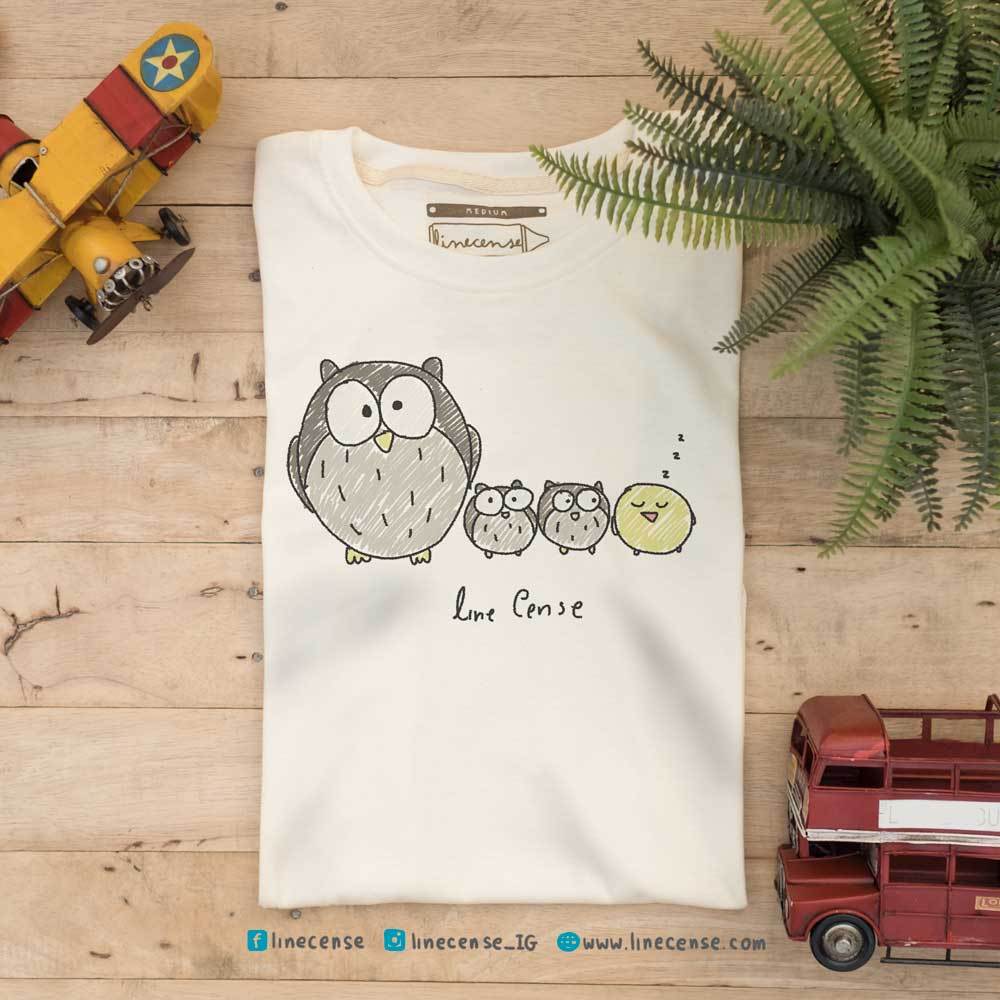 "Owl Owl Owl " เสื้อยืดลายนกฮูก สีขาวออฟไวท์