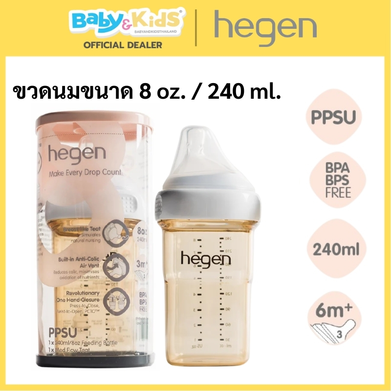 3month+8oz Hegen Medium Flow ขวดนมเด็ก ขวดนม ขนาด 8 ออนซ์ / 240 มล. พร้อมจุกนม น้ำนมไหลปานกลาง