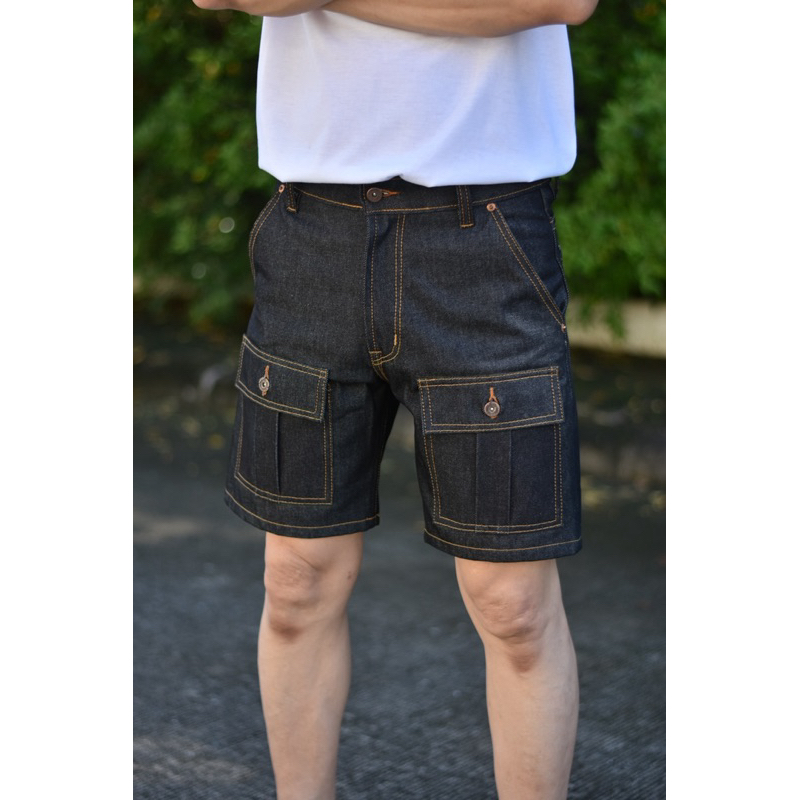 RoomJeans ขาสั้น 6 กระเป๋า ผ้าดิบสีมิดไนท์ แบรนด์ไทย