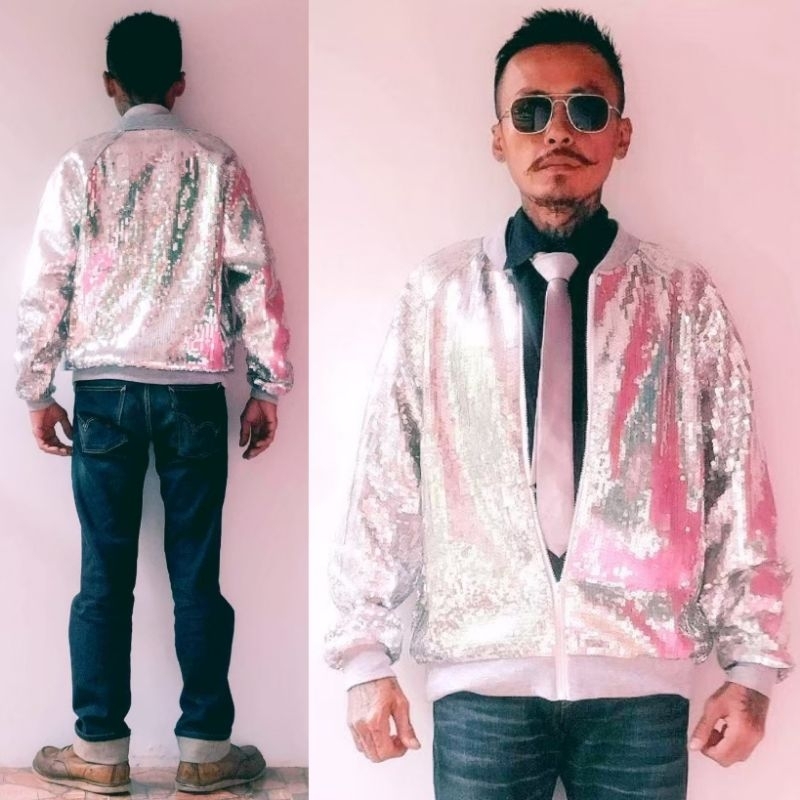 เสื้อปักเลื่อมของผู้ชาย เสื้อแจ็คเก็ตปักกลิตเตอร์สีเงิน(สินค้าในไทย🇨🇷)