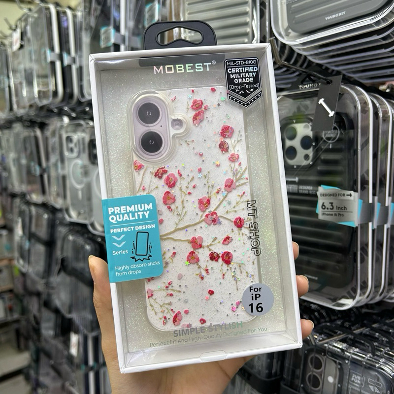 เคสลายดอกไม้กลิตเตอร์ ขอบนิ่มหลังแข็ง ใช้สำหรับ iPhone 16 / 16 Pro / 16 ProMax