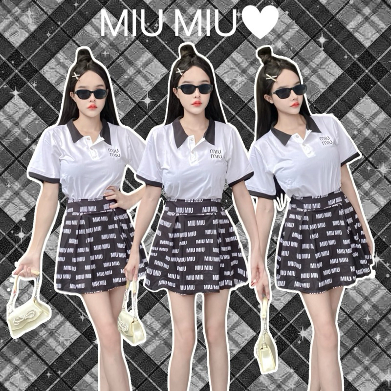 ชุดเซท 2 ชิ้น เสื้อคอปกกระโปรงสกรีนMiu Miu