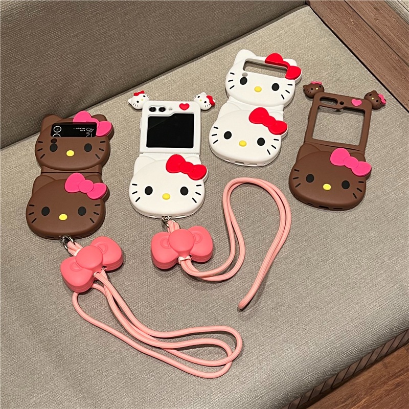เคสฟลิปซิลิโคนนิ่ม คิทตี้สุดคิวทีพร้อมสายคล้องคอเข้าเซ็ท for Samsung Galaxy Z Flip6 Z Flip5 Z Flip4 Z Flip3 [Pre-Order]