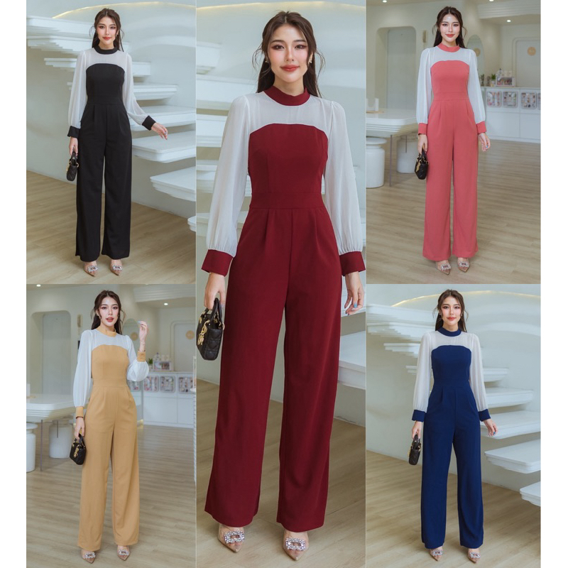 184 จั้มสูทคอปีนแขนชีฟองตัดสีทูโทนแต่งผูกโบว์ด้านหลัง