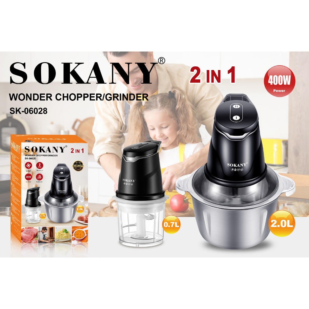 SOKANY 400W 2in1 เครื่องบดหมูไฟฟ้า เครื่องปั่น เครื่องบดเนื้อ 2L+0.7L สแตนเลส304 ประกันมอเตอร์ 1ปี