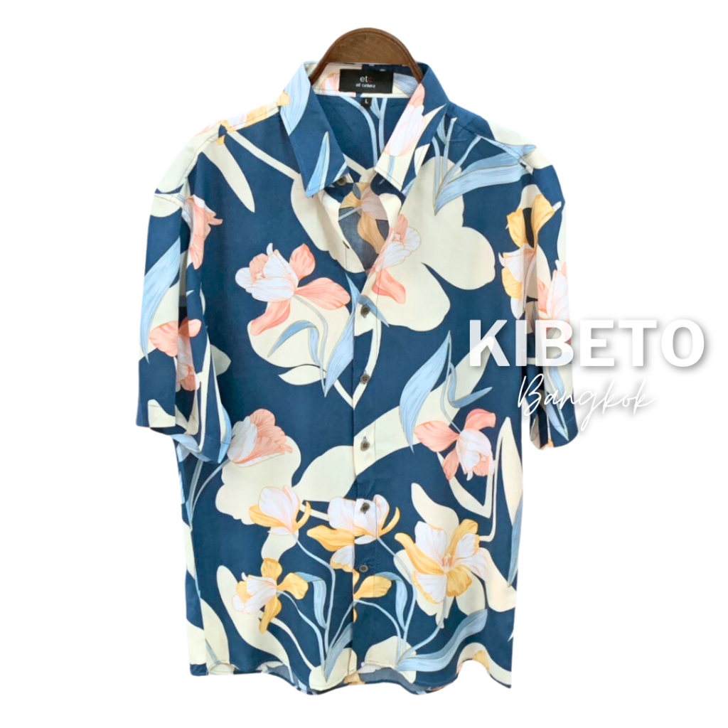 Kibeto เสื้อฮาวาย ลายดอกพาสเทลสีกรม ผ้าสปันเรยอน เนื้อนิ่ม ใส่สบาย