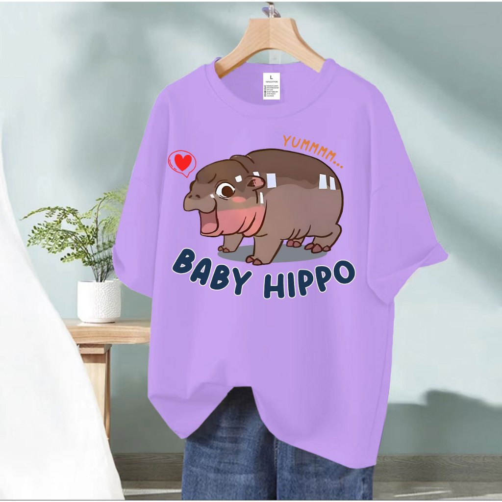 BK-1183-SHORT เสื้อยืดผู้ใหญ่ เสื้อแขนสั้นผ้ายืดลายฮิปโป หมูเด้ง อก32-42  มี 10 สีให้เลือก