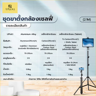 UPick1 ขาตั้งกล้องมือถือ เซลฟี่ 70-210cm +รีโมทบลูทูธ+ที่จับมือถือ หรือ แท็บเล็ต / วัสดุสองแบบ