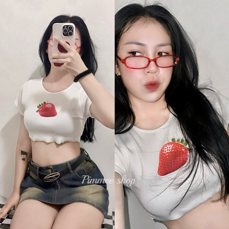 Pimmee shop เสื้อครอป สกรีนลายสตอเบอรี่