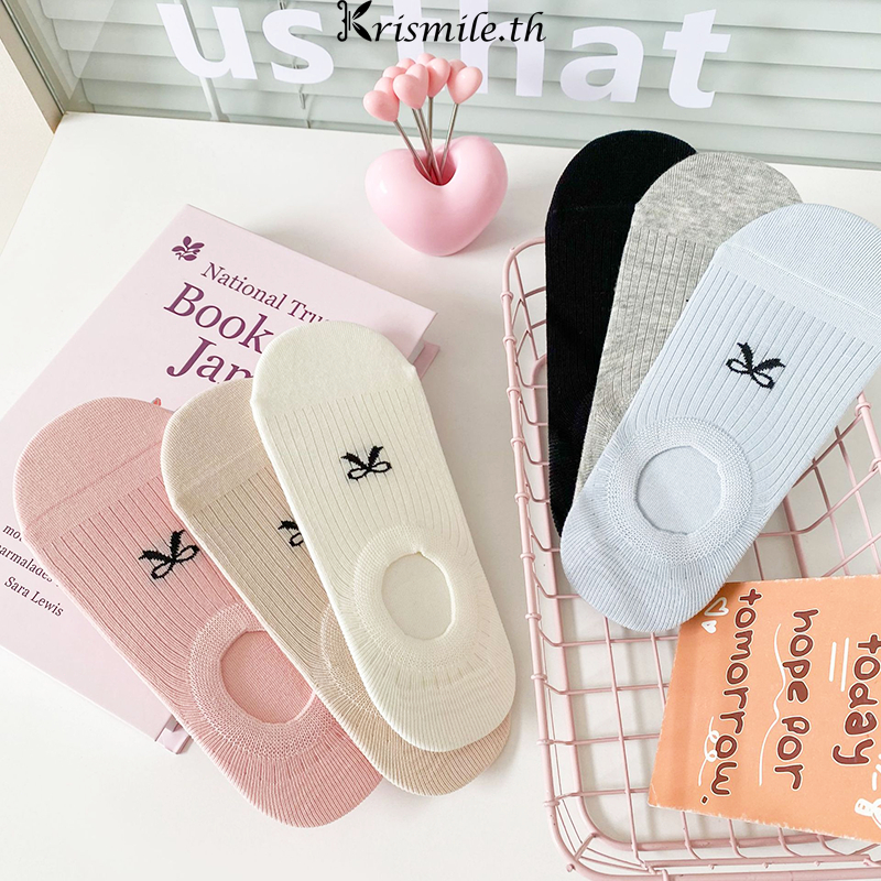 COD-ในไทย💖ถุงเท้ามองไม่เห็น ประดับโบว์ Insสไตล์เกาหลี นักเรียนสำหรับผู้หญิง กันลื่น ความยืดหยุ่นสูง-Kri