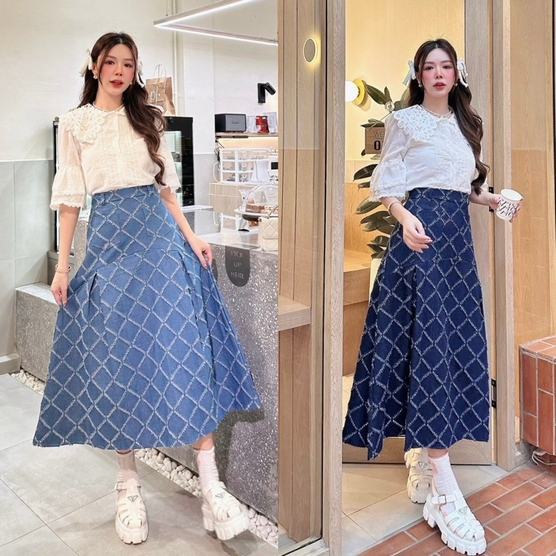 ชุดยีนส์ ชุดเซตกระโปรง เสื้อฉลุคอปก+กระโปรงยีนส์ งานป้าย brt