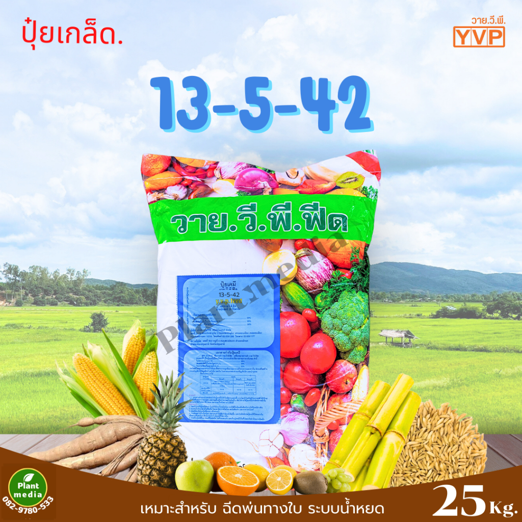 ปุ๋ย 13-5-42 ปุ๋ยเกล็ด YVP ช่วยขยายผล บำรุงผลให้มีน้ำหนัก รสชาดดี สีสวย บรรจุ 25 กิโลกรัม
