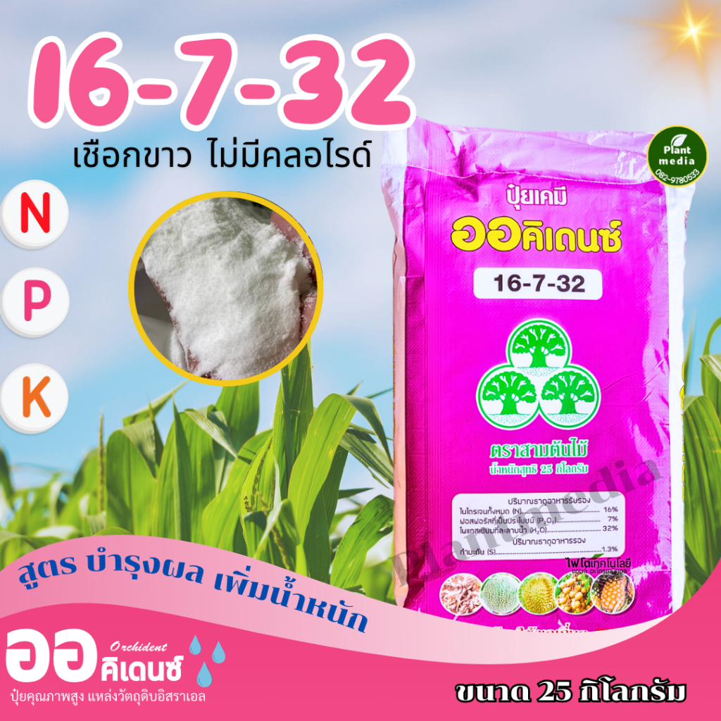 ปุ๋ย 16-7-32 ออคิเดนซ์ ปุ๋ยเกล็ด ระบบน้ำ (สูตร A ไม่มีคลอไรด์ เชือกขาว) เร่งสะสมอาหาร บรรจุ 25 กิโลกรัม