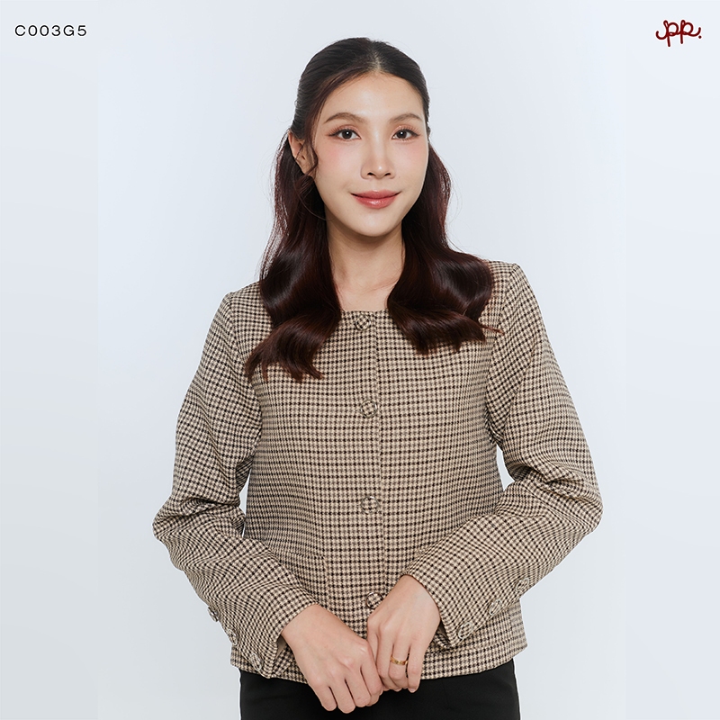 POIสูทคอกลมแขนยาวกระเป๋าหน้าสก๊อตสีน้ำตาล C003G5