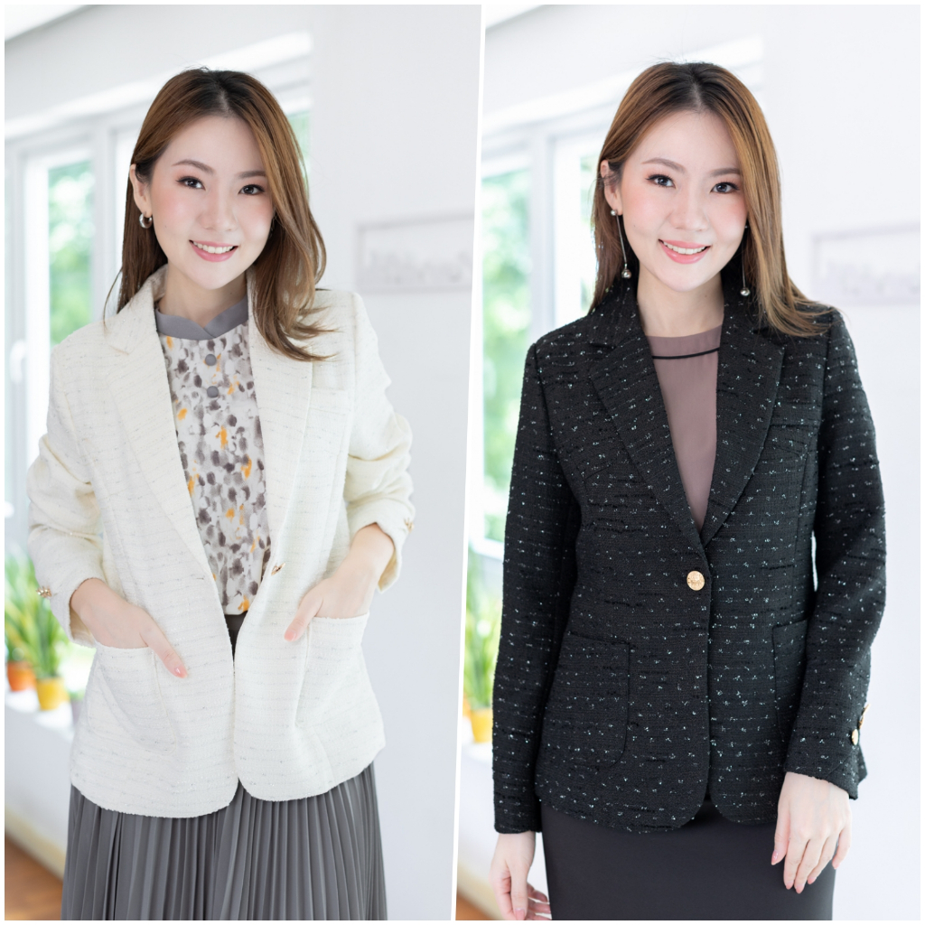 Narinari : NO109 Styluxe Tweed Blazer เบลเซอร์ ผ้าทวีต ซับในเต็มตัว