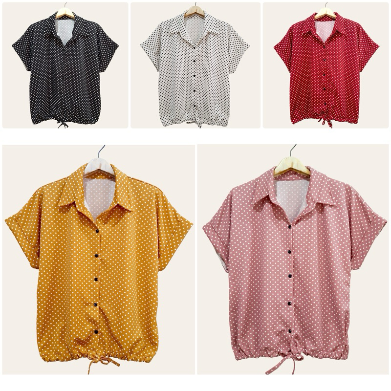 (อก 50”) เสื้อเชิ้ต เเขนสั้น ผ่าหน้า ลายจุดเล็ก ผ้ามูลเวฟ ผ้ายืด ไซส์ใหญ่