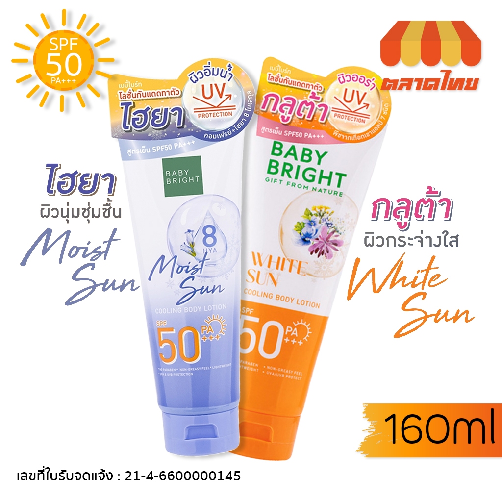 โลชั่นกันแดด เบบี้ไบร์ท สูตรเย็น ผิวออร่า อิ่มน้ำ Baby Bright Sun Cooling Body Lotion SPF50 PA+++ 160 ml.
