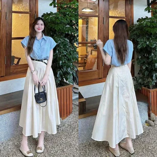 สินค้าพร้อมส่ง ชุดเซตกระโปรง สไตล์ผู้ดี เสื้อเชิ้ตแขนเบิ้นกระดุมหน้า+กระโปรงเอวเรียบสม็อคหลังมีซับใน A5189