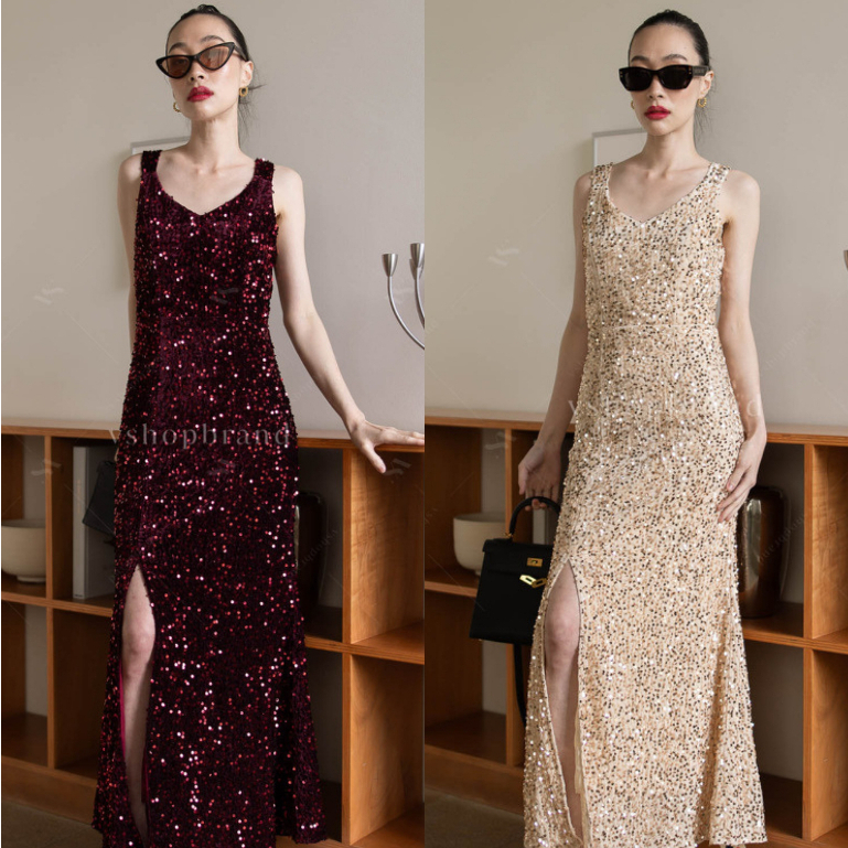 พร้อมส่ง Maxi เดรสกล้ามกำมะหยี่กลิตเตอร์ผ่าหน้า ชุดออกงาน งานป้าย vshopbrand