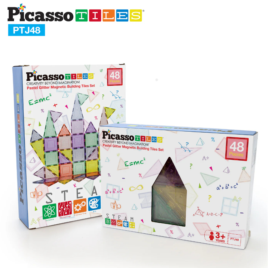 PicassoTiles 48 Pc Magnetic Tiles Building Set with Glitter Tiles