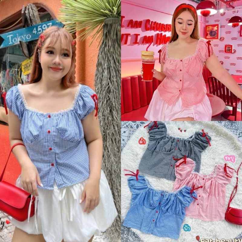 FB เสื้อลายสก็อต แต่งลูกไม้ช่วงอกแขนตุ๊กตาเบาๆ ติดโบว์ช่วงแขน ไซส์ใหญ่