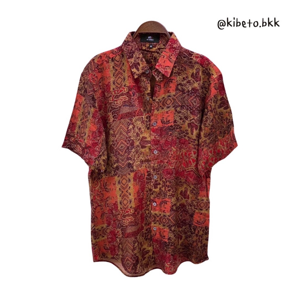 Kibeto เสื้อฮาวาย ลายไทยวินเทจ สีแดง ผ้าสปันเรยอน เนื้อนิ่ม ใส่สบาย