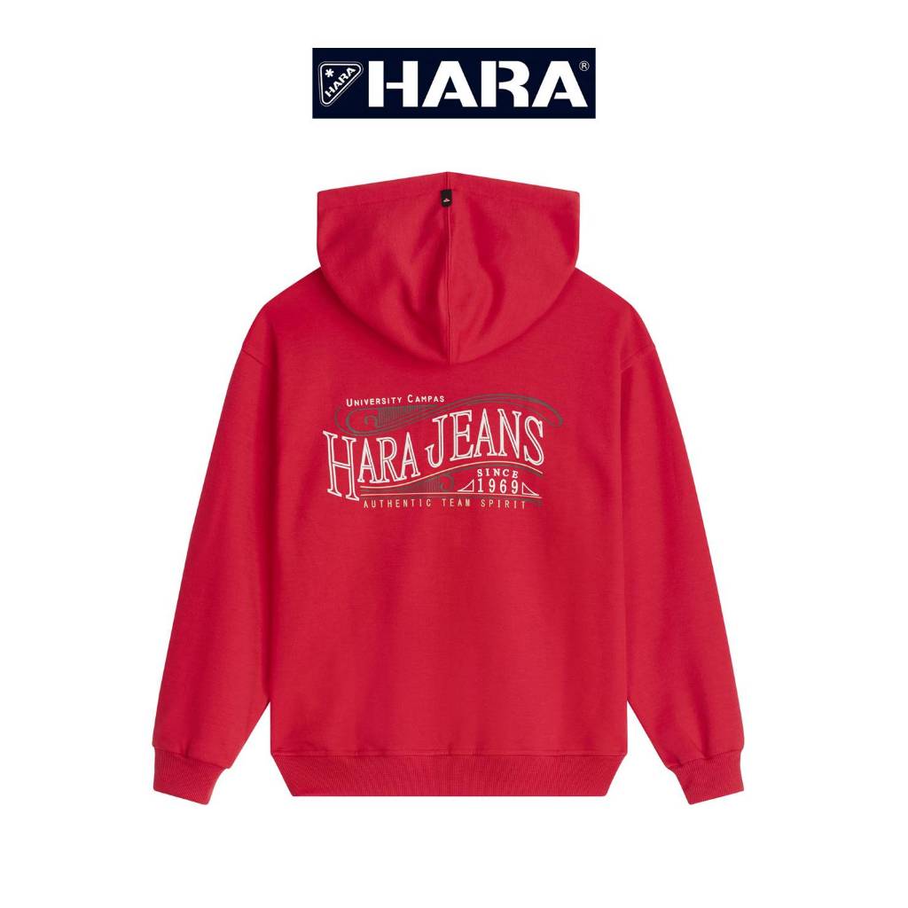 [ส่งฟรี] Hara ฮาร่า ของแท้ เสื้อกันหนาวฮู้ดดี้ ซิปหน้า สีแดง สกรีนลายด้านหลัง Cotton 100% ผ้ายืดใส่สบาย รุ่น J-9911351