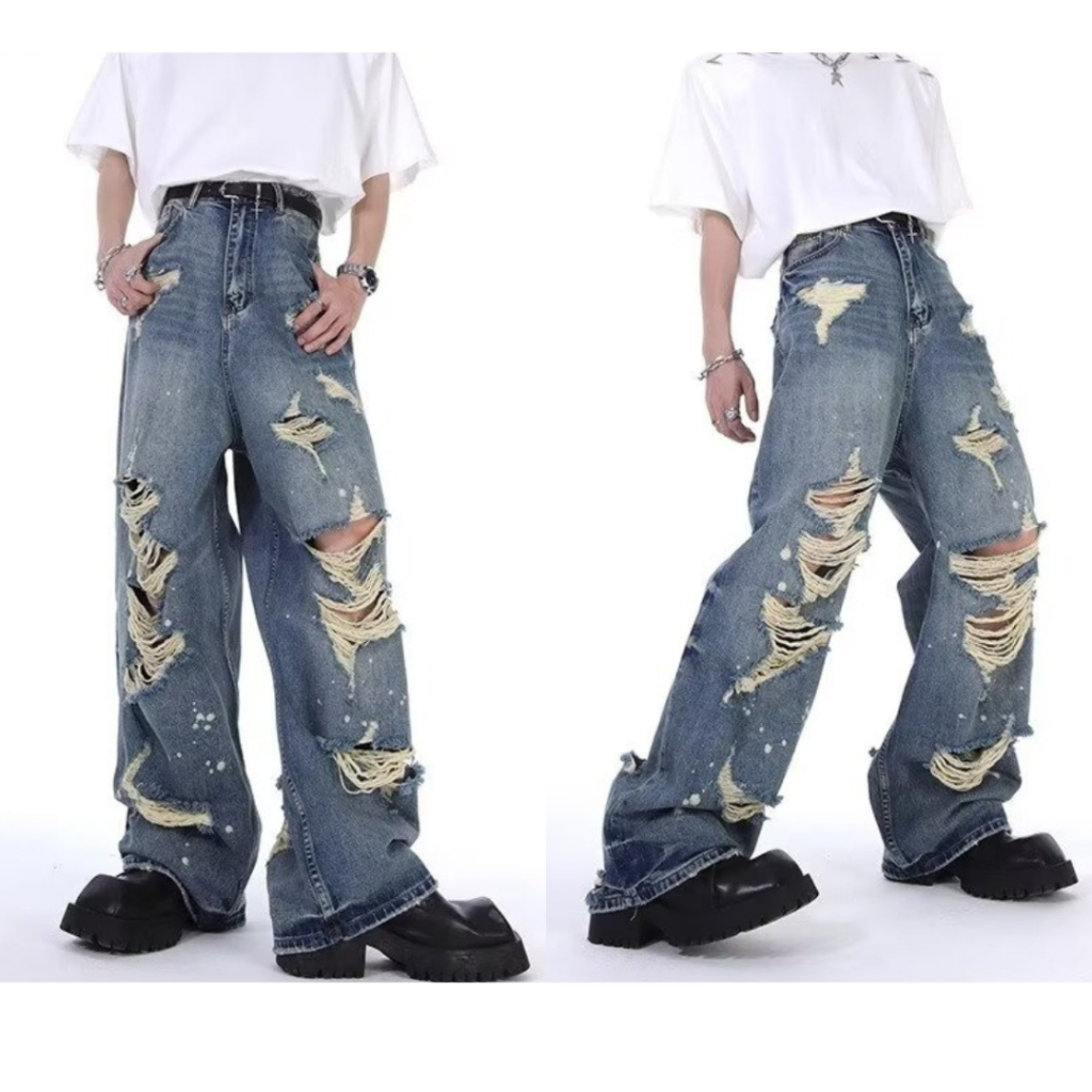 StylePop กางเกงยีนส์ผู้ชาย ขากระบอก ทรงแต่งขาด ลายเปื้อนสี (เอวหลังยืดได้) Jeans JL905
